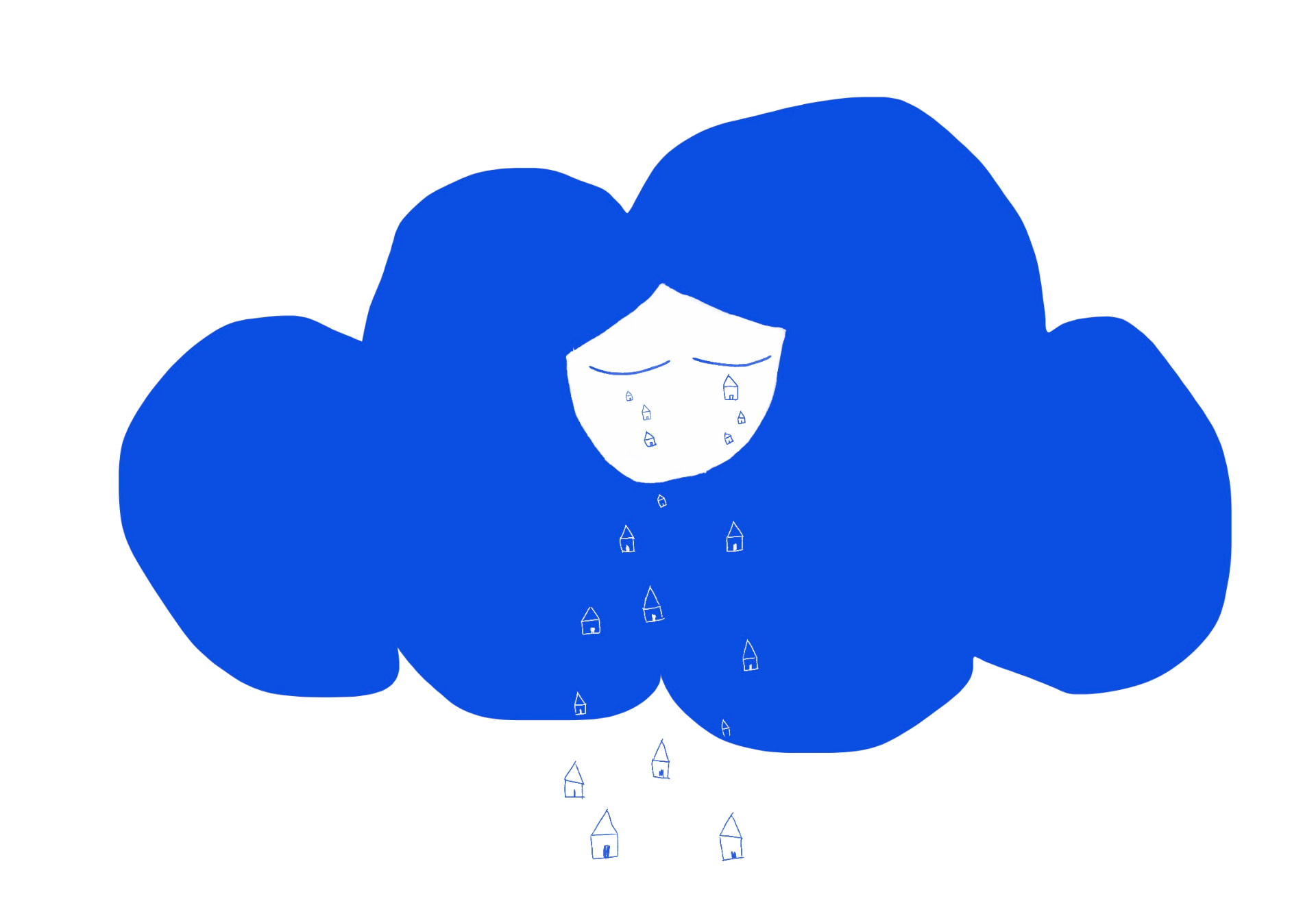 A hand-drawn blue cloud with a face raining small houses