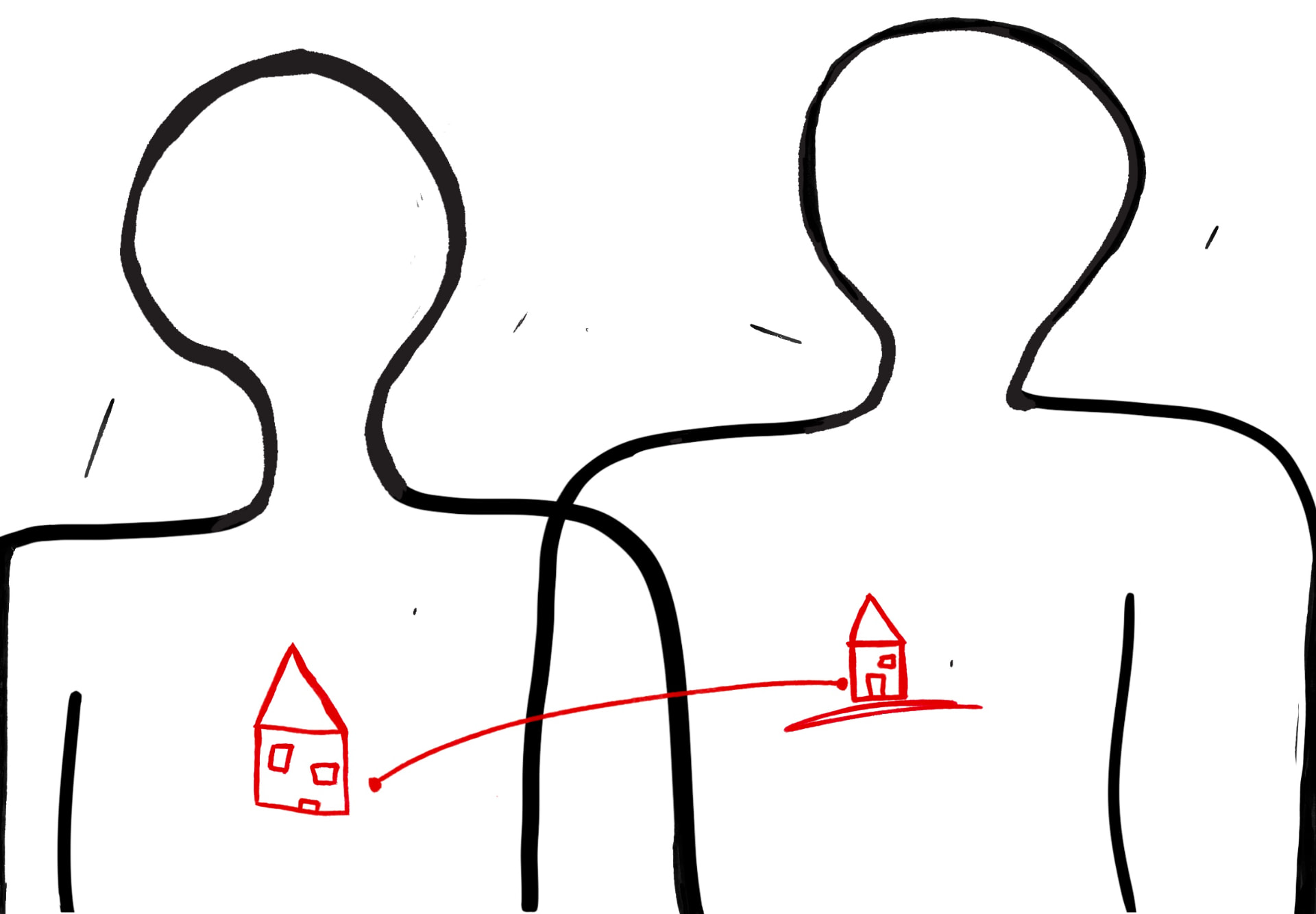 Line drawing of two figures, each with a small red house on their chest, joined by a red thread